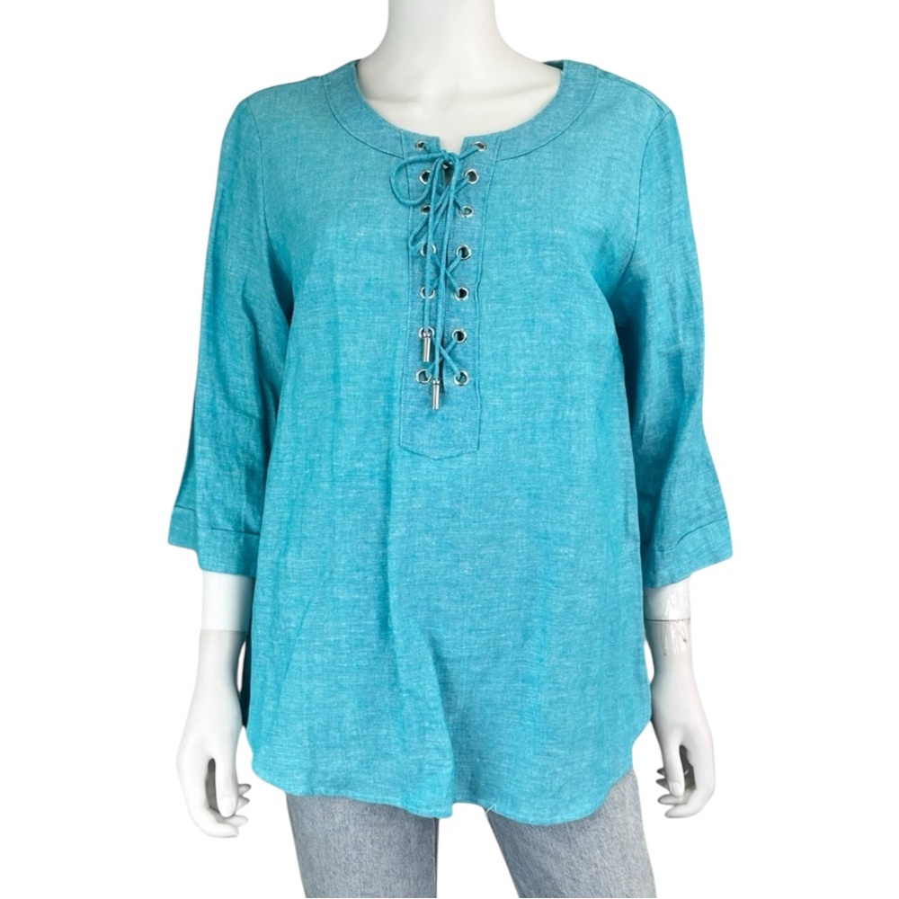sharon young Aqua Linen Blouse Size M F0483